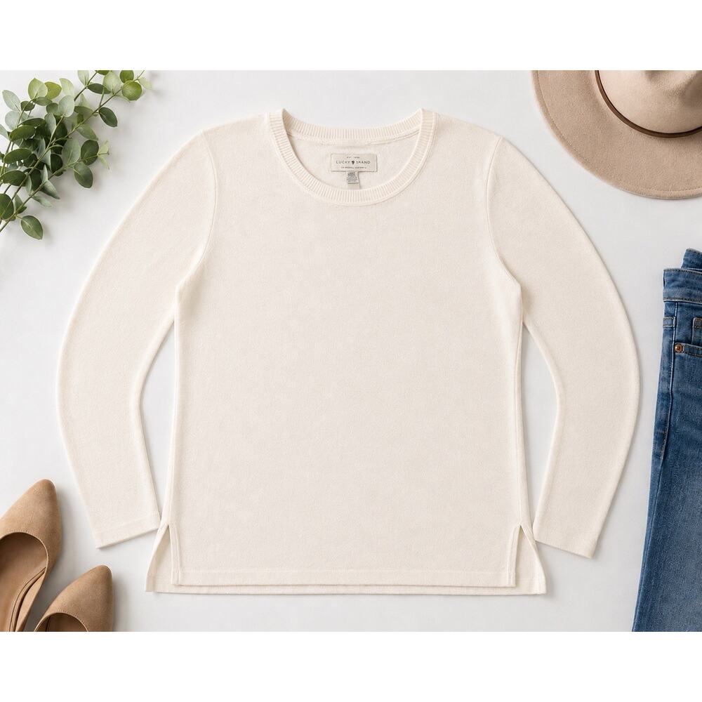 Lucky Brand Cream Lightweight Sweater Womens Medium Minimalist Long Sleeve‎